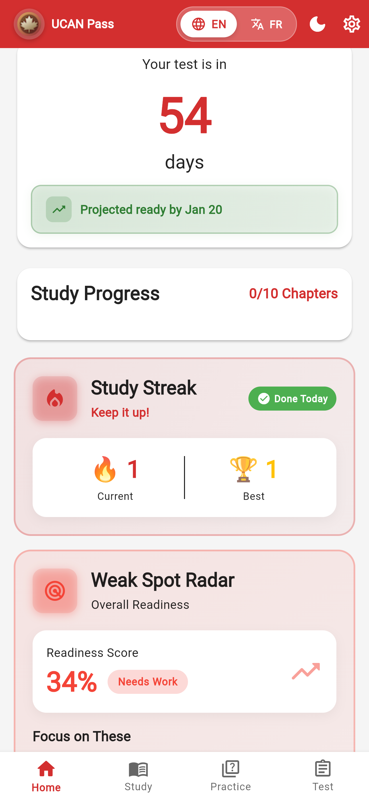 UCAN Pass home screen showing progress tracking
